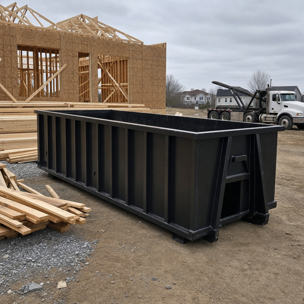 Matte-black 40-yard roll-off dumpster staged on a framed-out residential construction site in Redding, framing lumber stacked nearby, hooklift delivery truck visible in the background under bright Colorado daylight