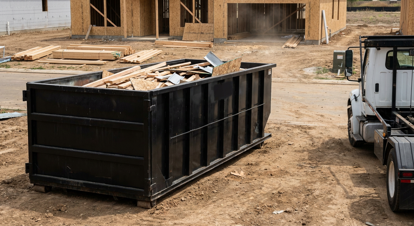 Matte-black 20-yard roll-off construction dumpster with heavy ribbed steel sidewalls and swing rear doors at a working jobsite in Redding, sitting directly on compacted dirt with an unmarked white hauler partially visible at the far edge of the frame.