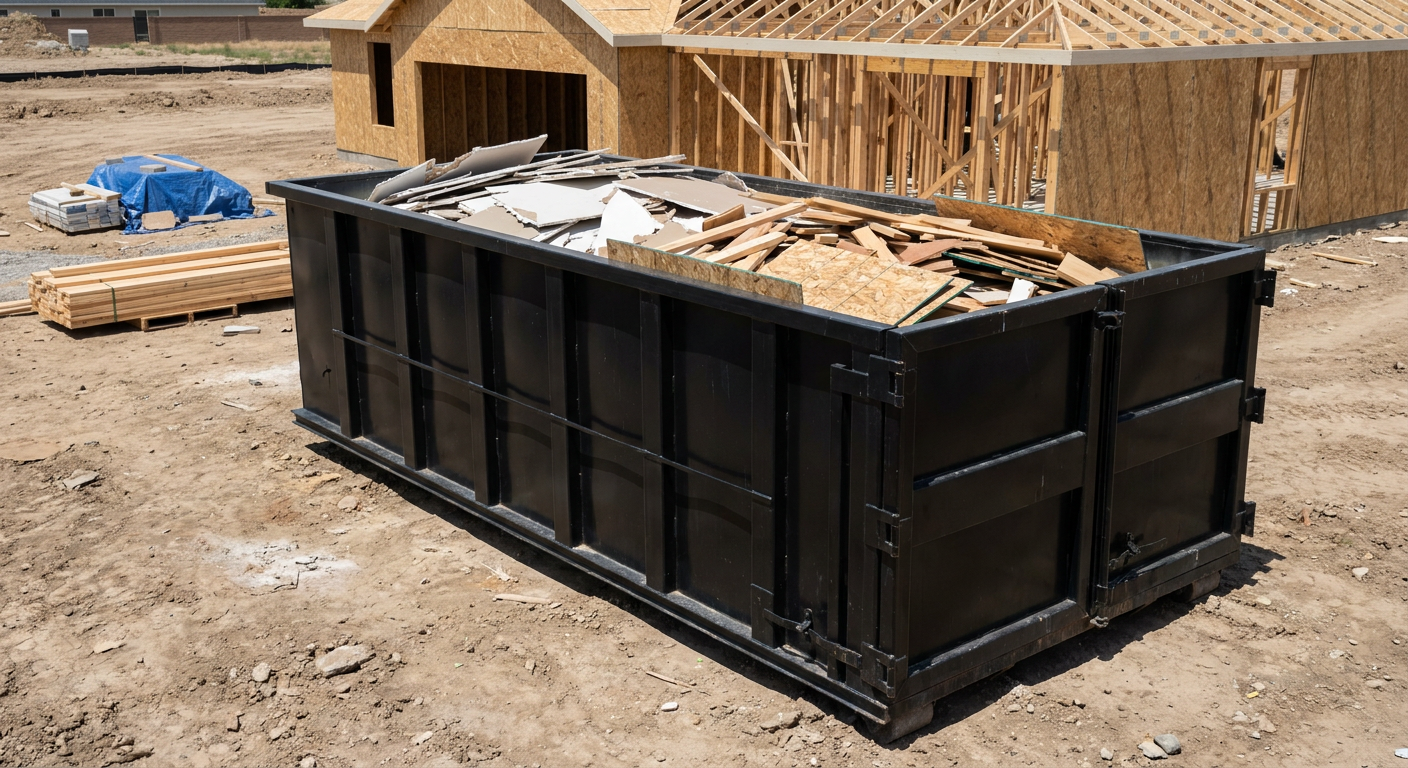 Matte-black 30-yard roll-off construction dumpster sitting directly on the compacted-dirt site of a framed single-family home build in Redding, drywall and lumber scrap loaded inside.