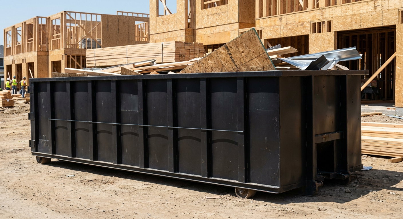 Matte-black 40-yard roll-off construction dumpster being lowered from a white-cab hooklift delivery truck onto the compacted-dirt jobsite at a commercial build site in Redding