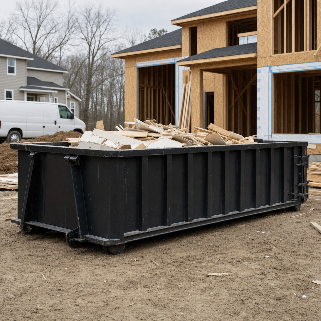 Worker in a yellow high-visibility vest tossing framing lumber and broken drywall into a matte-black 30-yard construction roll-off dumpster on an active build site in Redding, bright daylight