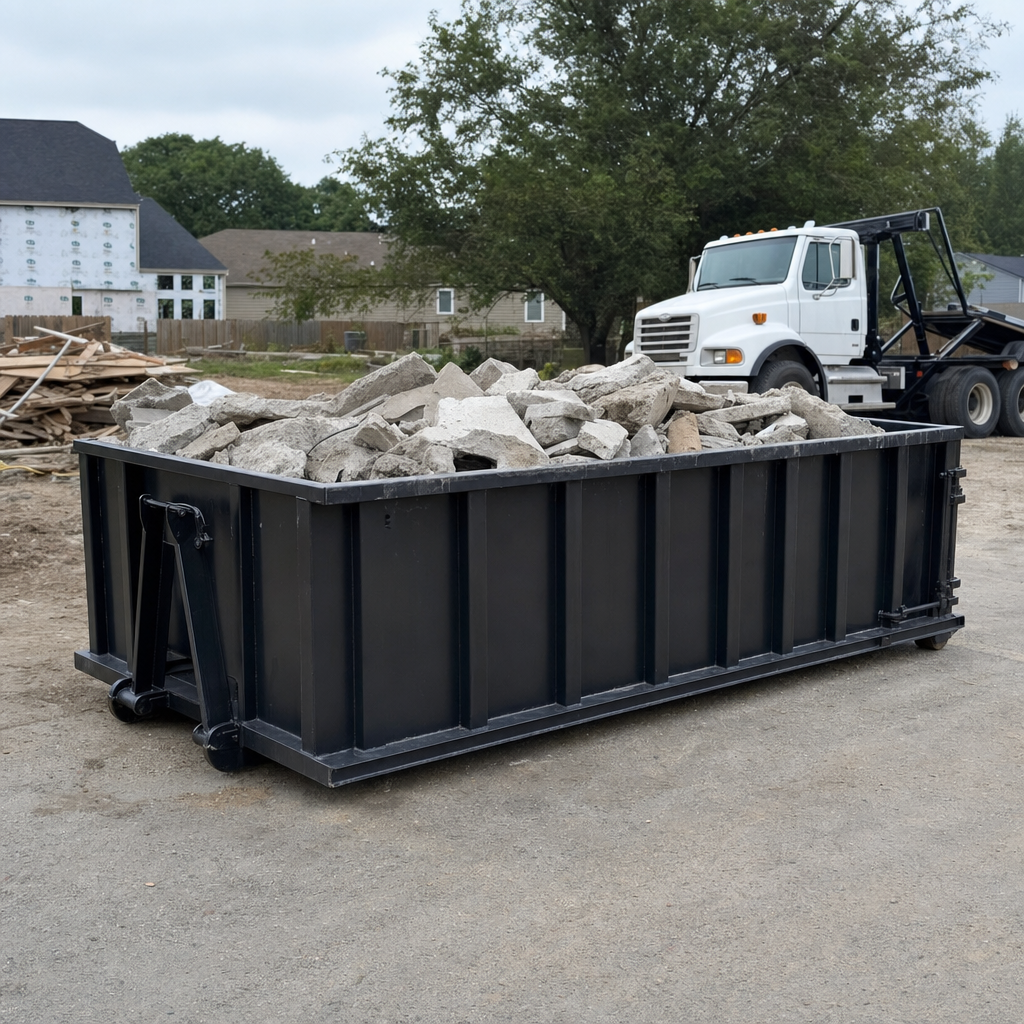 Low-profile matte-black lowboy roll-off dumpster loaded with broken concrete slab and rebar at a foundation tear-out in Redding, skid steer parked beside it, sunny Colorado morning