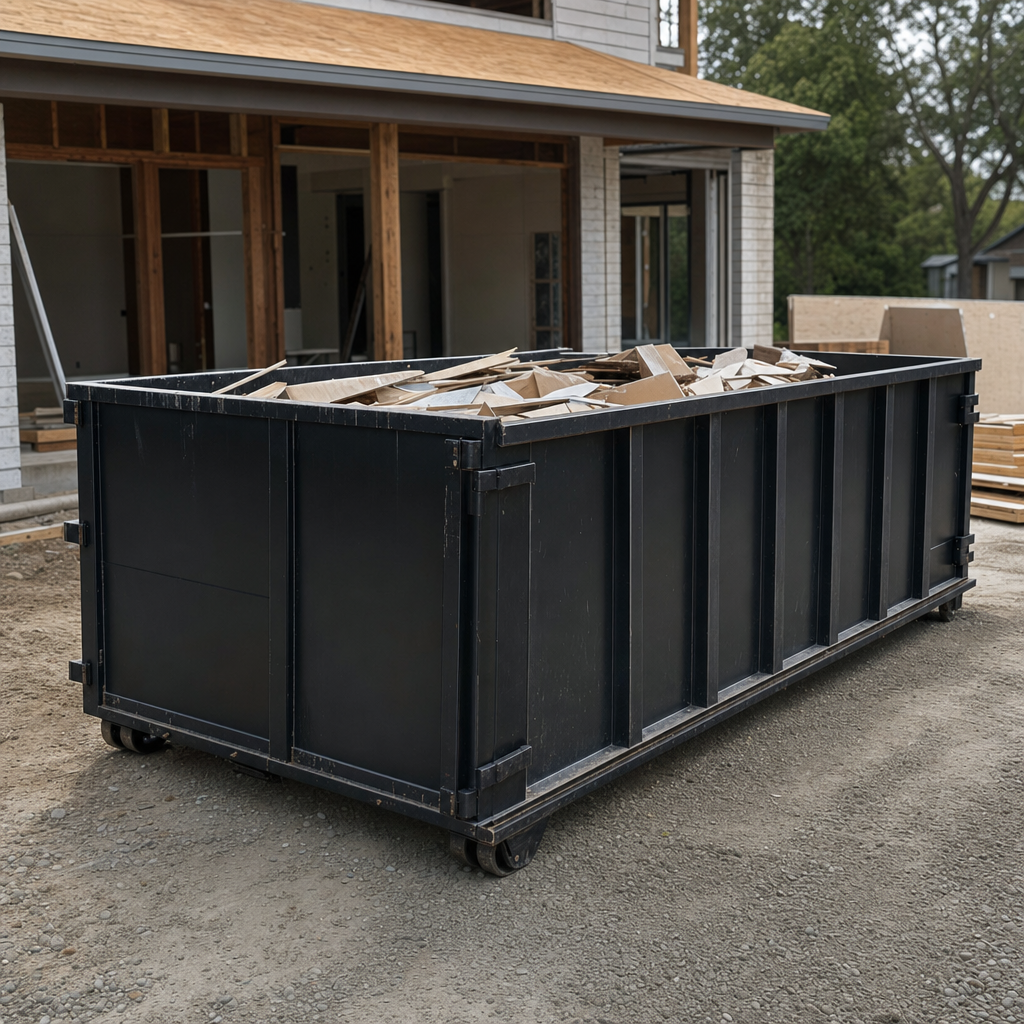 Large matte-black 30-yard construction roll-off dumpster at an active Redding jobsite, steel-gray top rails and bottom rollers visible, loaded with construction debris.