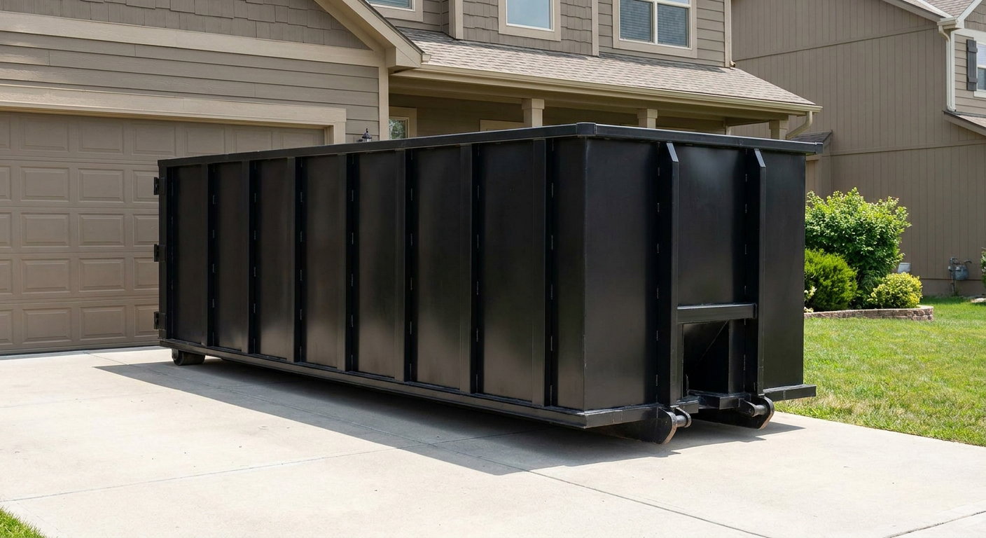 Matte-black residential roll-off dumpster sitting directly on a suburban Redding concrete driveway, garage door closed, single-family home in background, bright morning daylight.