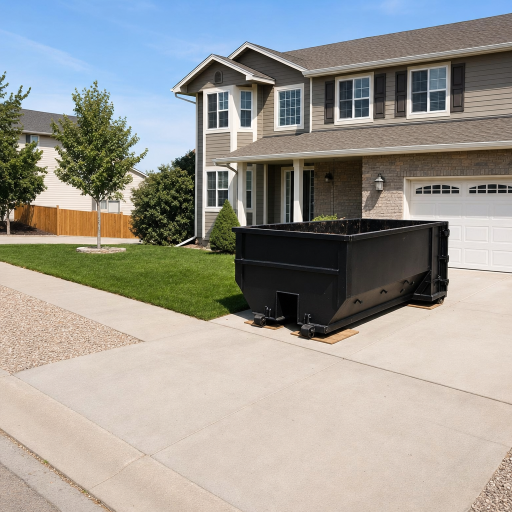 10-yard matte-black residential dumpster placed directly on a narrow Redding concrete driveway, room remains for a parked sedan beside it, mid-morning natural light