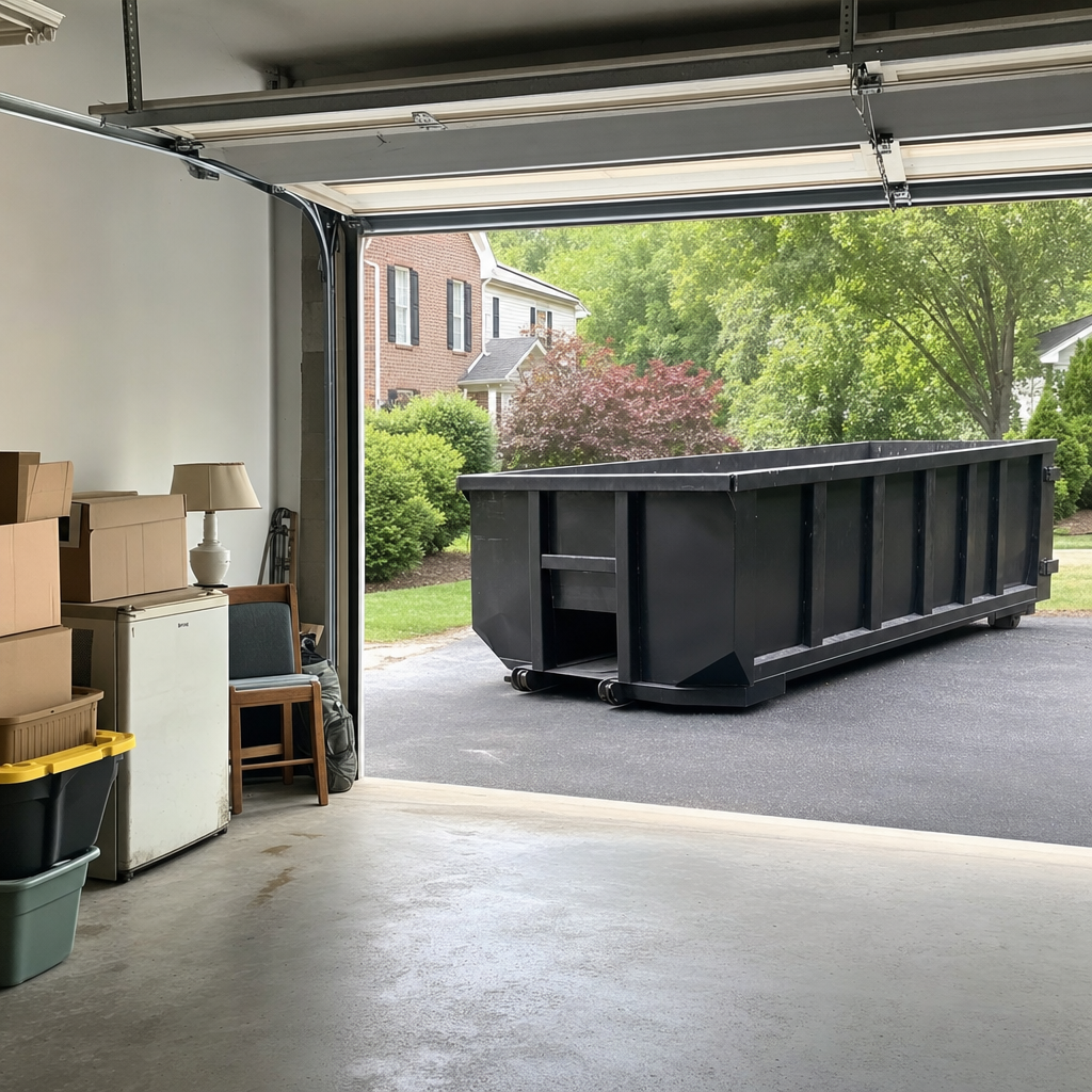 Open garage interior in a Redding home mid-cleanout — boxed items, an old appliance, and stacked yard tools queued near the driveway for a matte-black roll-off dumpster, organized and calm