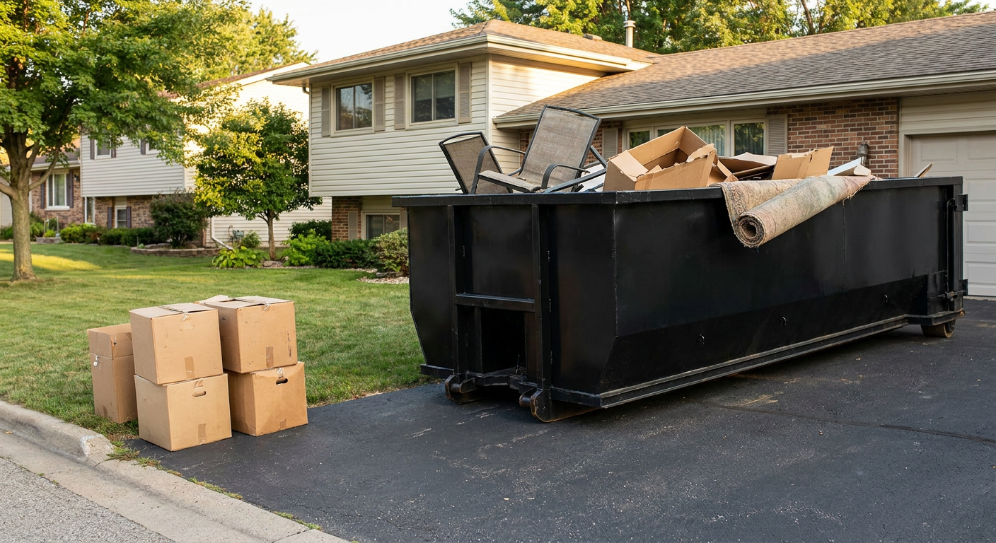 Front-yard view of a Redding split-level home with a 20-yard matte-black roll-off dumpster sitting directly on the asphalt driveway, a few clearly labeled donation boxes staged at the curb, calm sunny afternoon.