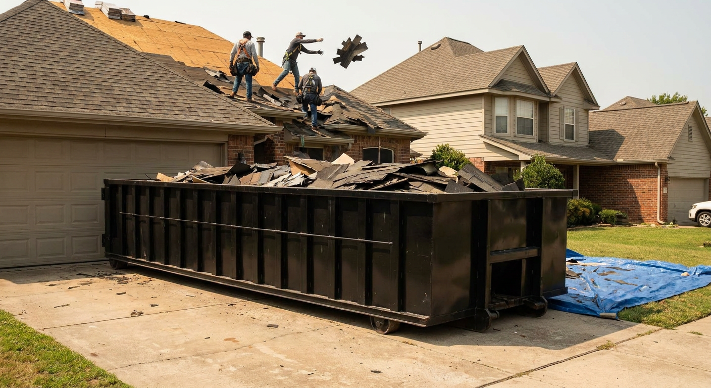 Matte-black roofing roll-off dumpster placed directly on a Redding residential concrete driveway, a tear-off crew on a two-story asphalt-shingle roof tossing shingle bundles into the low-walled container, bright daylight, documentary 35mm perspective.