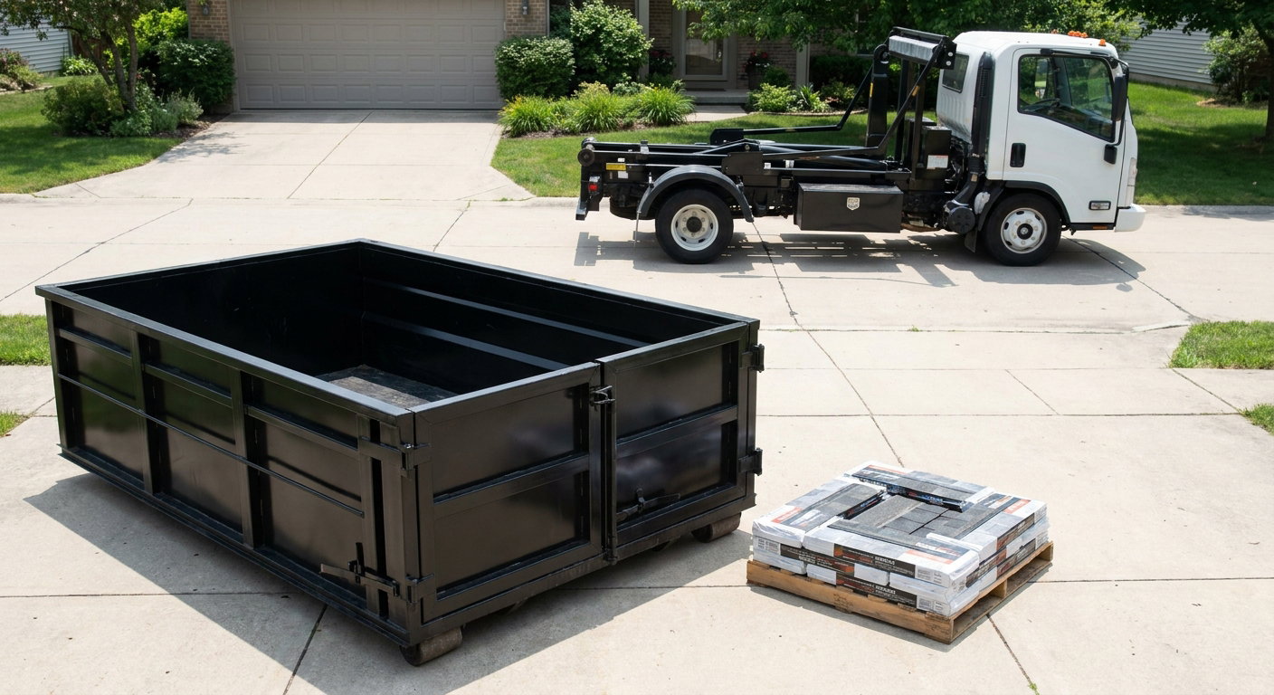 Matte-black 15-yard roofing roll-off dumpster with reinforced low side walls sitting directly on a Redding residential concrete driveway, three-tab asphalt shingle bundles stacked nearby, an unmarked white hauler truck partially visible at the edge of the frame.