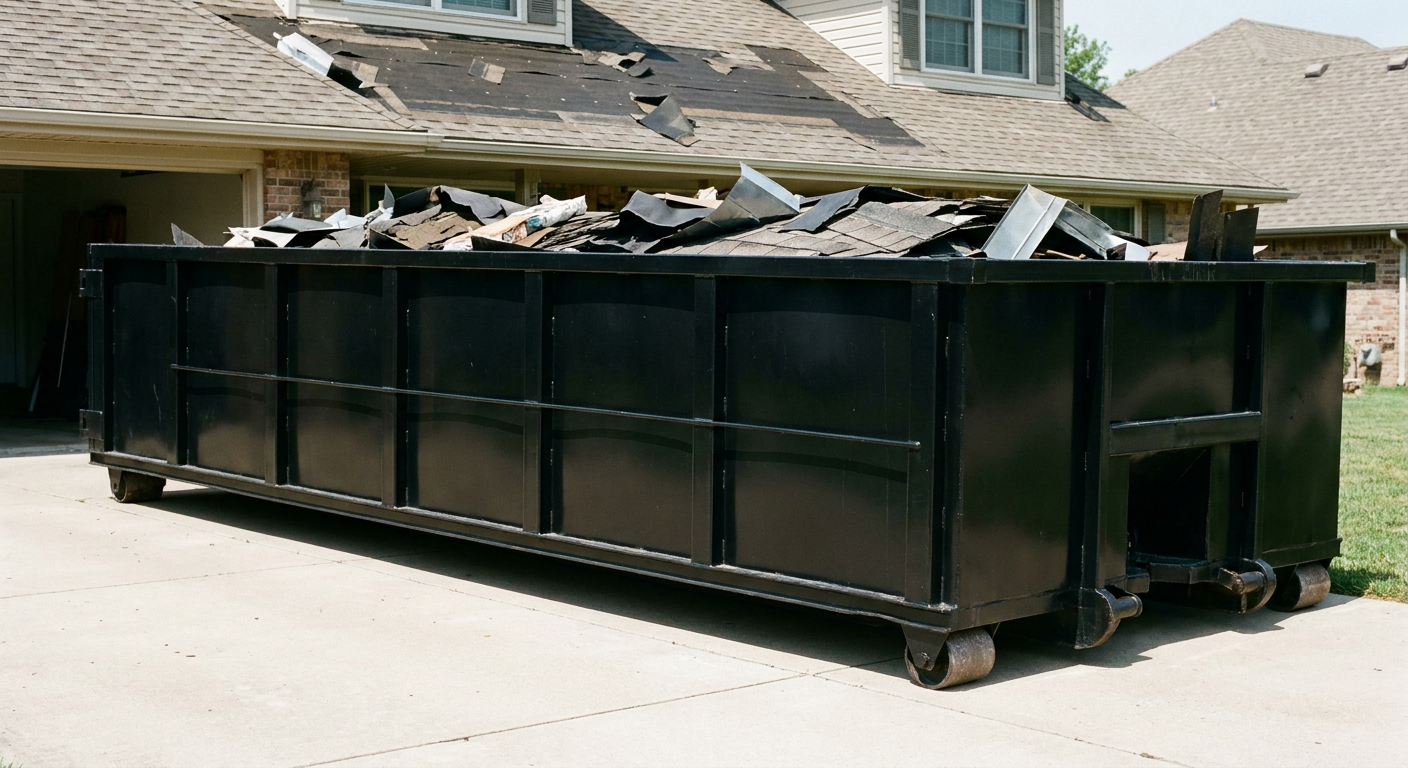 Matte-black 20-yard roofing roll-off dumpster with steel ribbed sides and swinging rear door, sitting directly on the concrete driveway of a two-story Redding home, asphalt shingle debris being loaded over the low wall, clean documentary lighting.