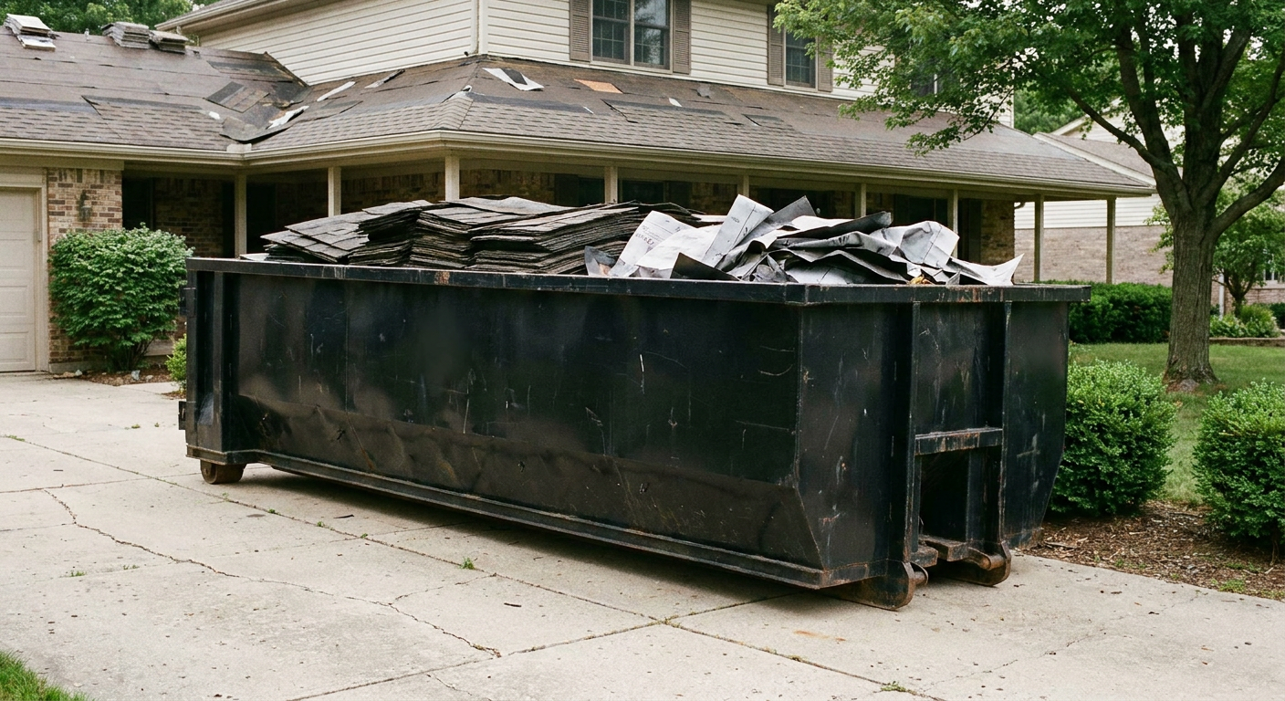 Matte-black 30-yard roofing roll-off dumpster sitting directly on a Redding concrete driveway, taller ribbed steel side panels, mixed tear-off debris of asphalt shingles and underlayment inside, professional documentary daylight.