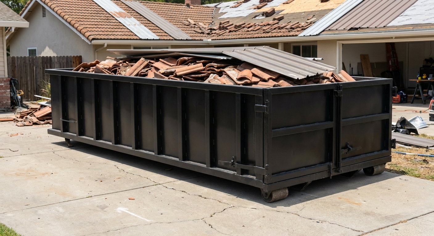 Matte-black low-wall heavy-debris roofing roll-off dumpster sitting directly on a Redding concrete driveway, broken concrete clay roof tiles and metal panel sections loaded inside, reinforced ribbed steel side walls visible, bright outdoor daylight.