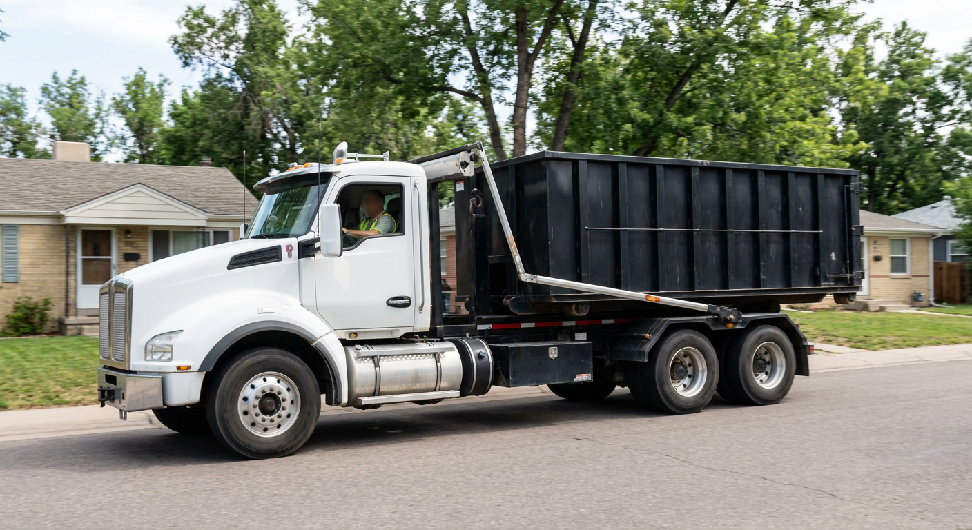 A wide documentary shot of a matte-black roll-off delivery truck pulling onto a quiet Redding residential street at mid-morning, with neighborhood rooftops and tree-lined blocks visible behind, showing the metro coverage footprint.