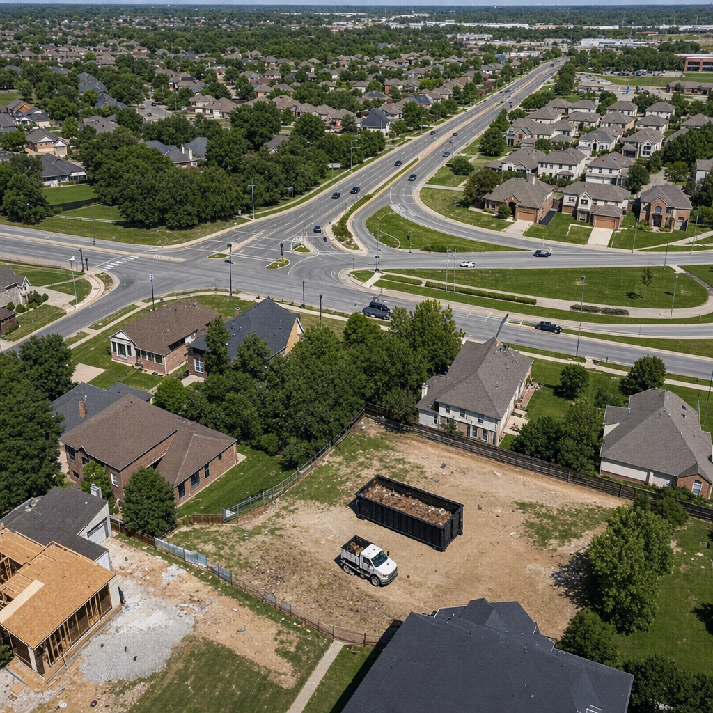 An overhead documentary view of the Redding metro area at midday, showing the spread of neighborhoods, arterial roads, and the dispatch radius from a central yard — clean daylight, organized geographic layout.