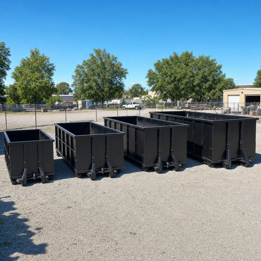 A clean lineup of matte-black roll-off dumpsters in 10, 20, 30, and 40-yard sizes staged on a sunlit gravel yard in Redding, showing the size progression from compact to commercial-scale containers.