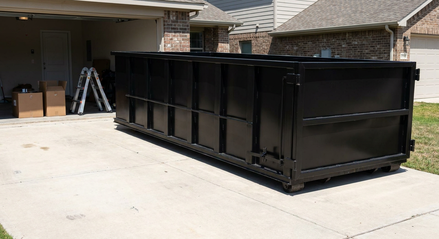 A matte-black 10-yard roll-off dumpster sitting directly on a residential Redding concrete driveway, mid-day sunlight, clean and ready for a garage cleanout.