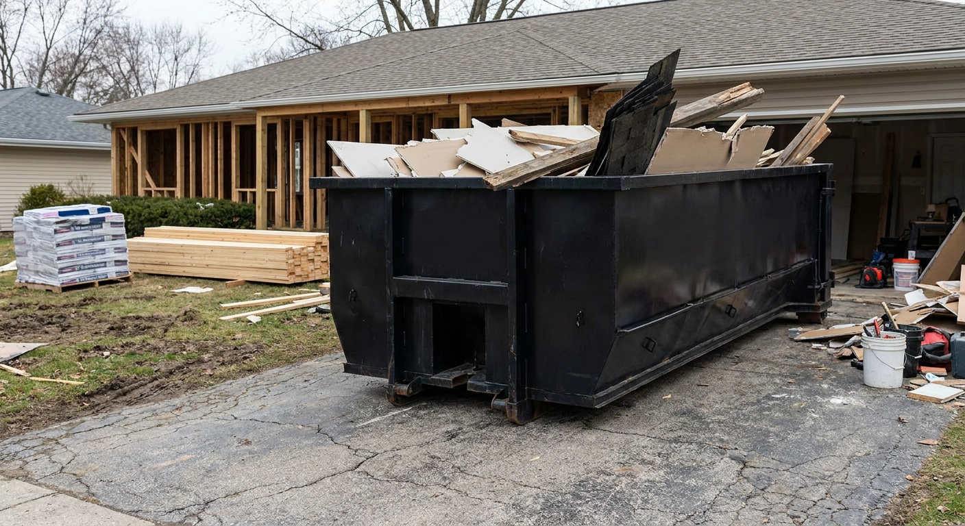 A matte-black 20-yard roll-off dumpster placed alongside a mid-renovation Redding home directly on the asphalt driveway, with framing materials and torn-off shingles staged neatly nearby.