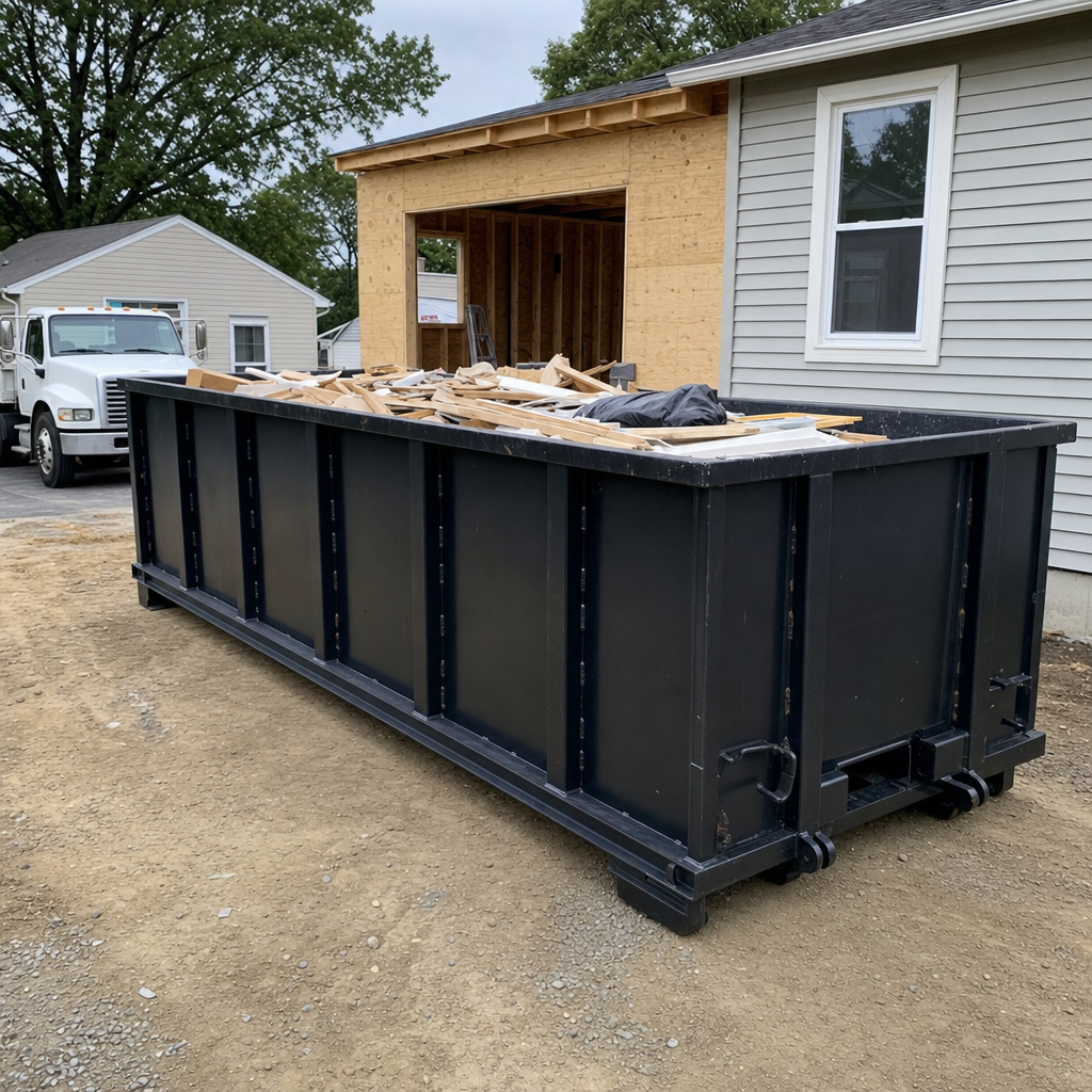 A matte-black 30-yard roll-off dumpster positioned at a Redding residential addition jobsite, with framing lumber and drywall scraps loaded through the open swinging rear doors.