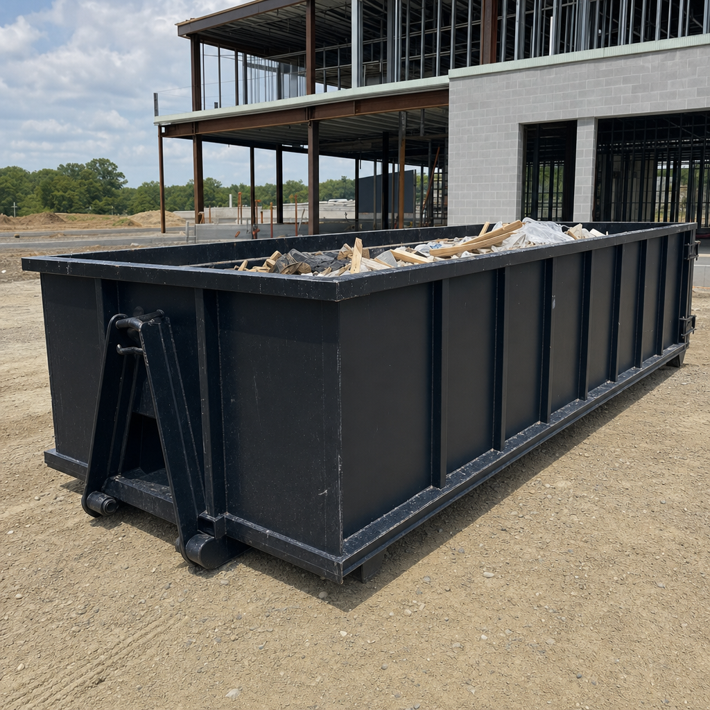 A matte-black 40-yard roll-off dumpster staged on a large Redding commercial construction lot, with a hooklift delivery truck parked alongside under bright midday sky.