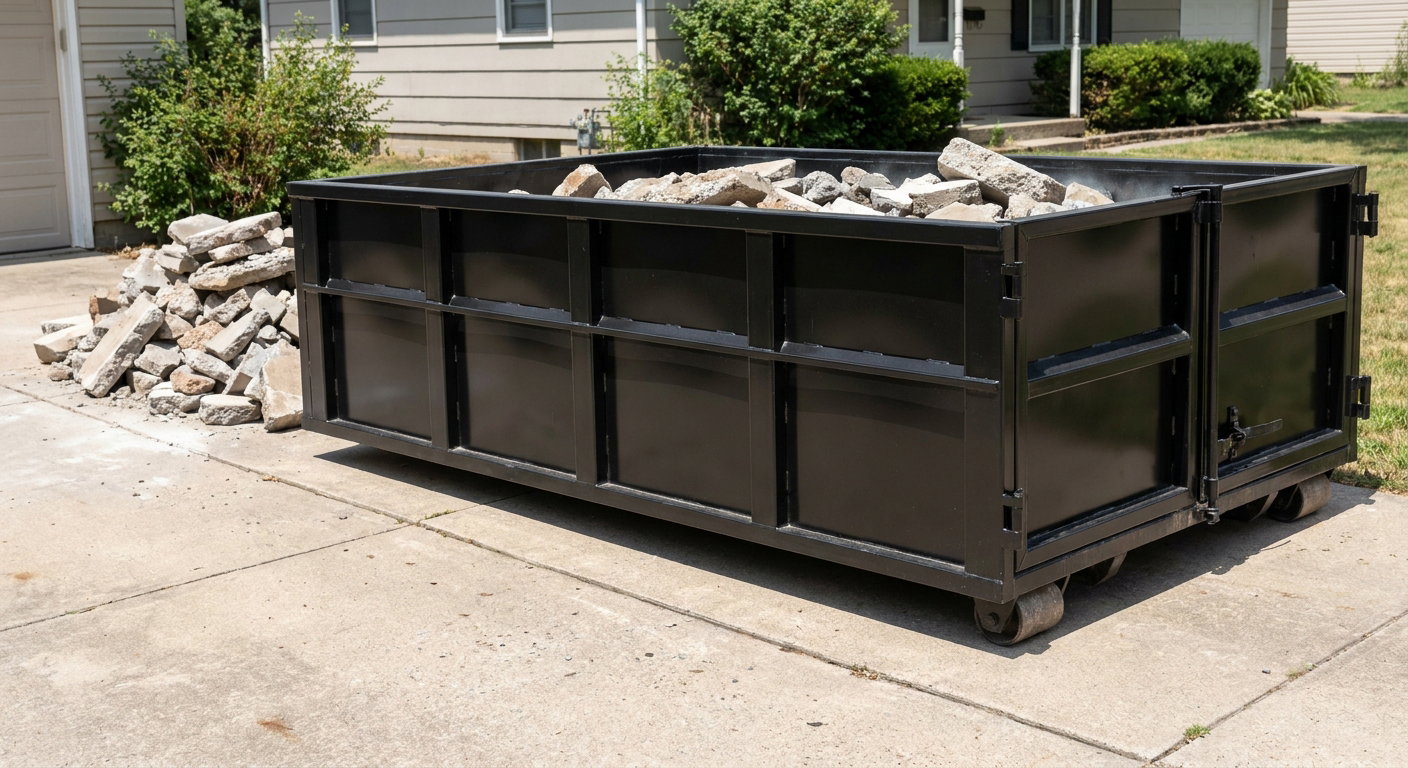 A matte-black low-side heavy-debris roll-off dumpster placed directly on a Redding concrete driveway, with broken concrete chunks neatly stacked beside it under clean daylight.